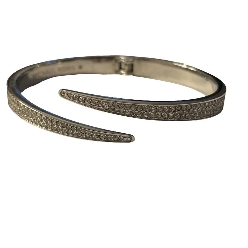 Michael Kors‎ Open Silver Plated Matchstick Hinge Bangle Bracelet Rhinestone